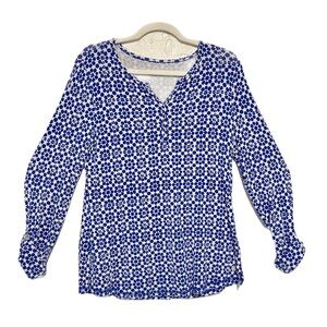 T by Talbots Blue White Geometric Roll-Tab Sleeve Top Blouse SZ S